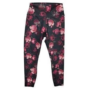 RBX Cropped Leggings Black and Pink Roses Print High Waisted Size Medium